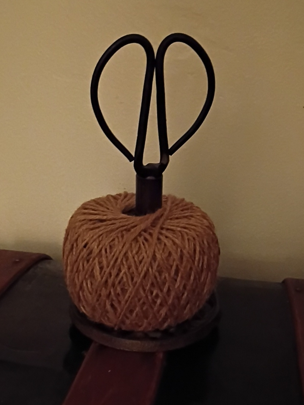 Rustic Brown Twine Holder with Black Metal Scissors Accent